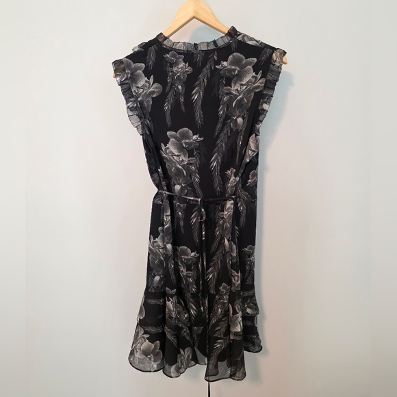 NWT All Saints Ari Mia Chiffron Black White Floral Wrap Dress Size US 10 - Picture 8 of 9